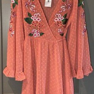 ASOS Design Textured Wrap Mini Skater Dress Floral Embroidered peach Size 6